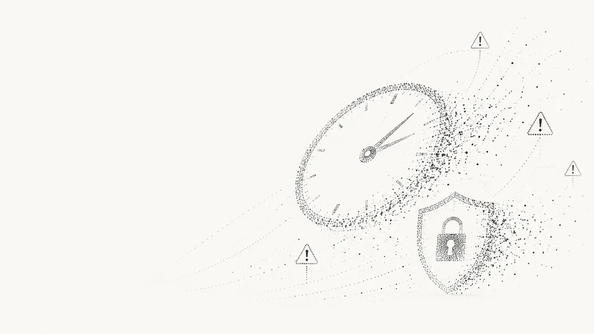 Uhr, Schutzschild mit Schloss und Warnsymbole als Sinnbild für Sicherheitsrisiken unter Zeitdruck