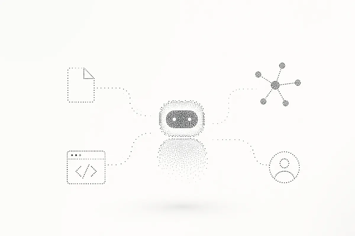 KI-Agent, verbunden mit Dokumenten, Code, Netzwerken und Personen